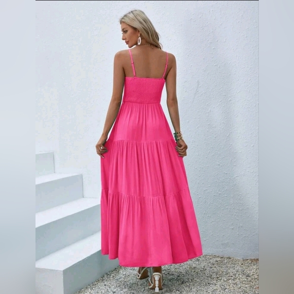 New Flowy Boho Ruched Cami Maxi Dress Hot Pink - Picture 5 of 8